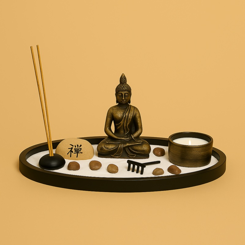 Oval Zen Buddha Garden Set with Candle, Incense & Rake