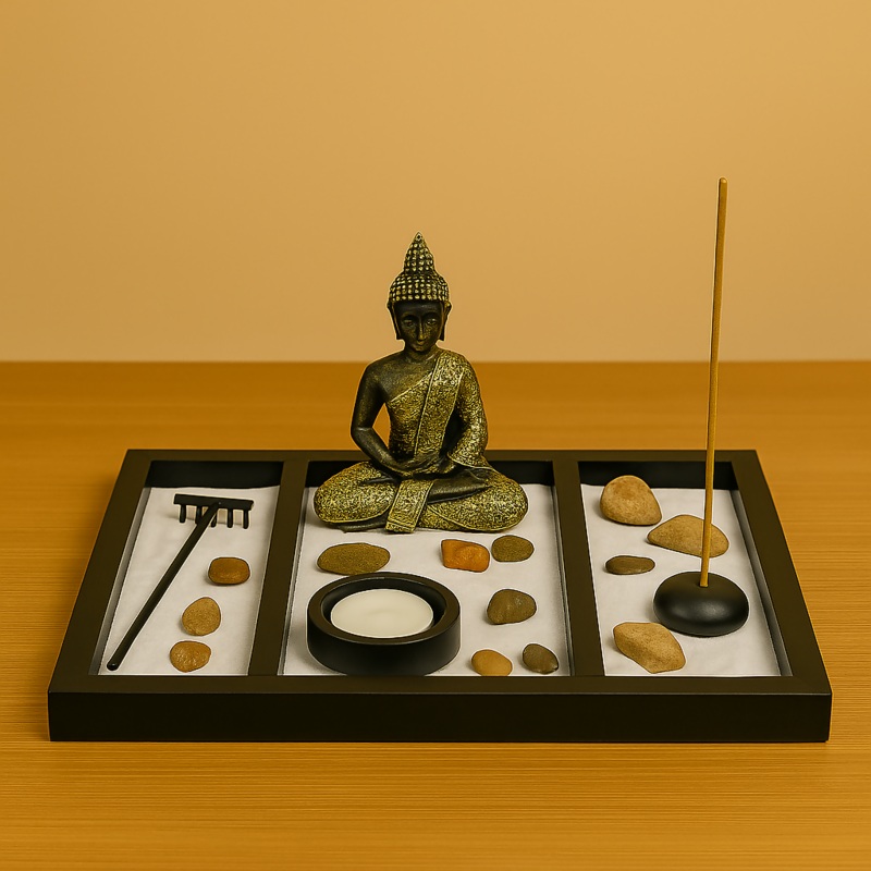 Triple Harmony Buddha Zen Garden Set with Candle & Incense