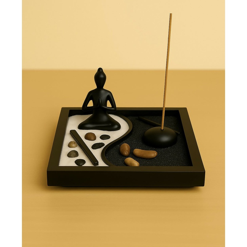Yin Yang Zen Garden Set with Meditating Monk, Incense & Candle Holder
