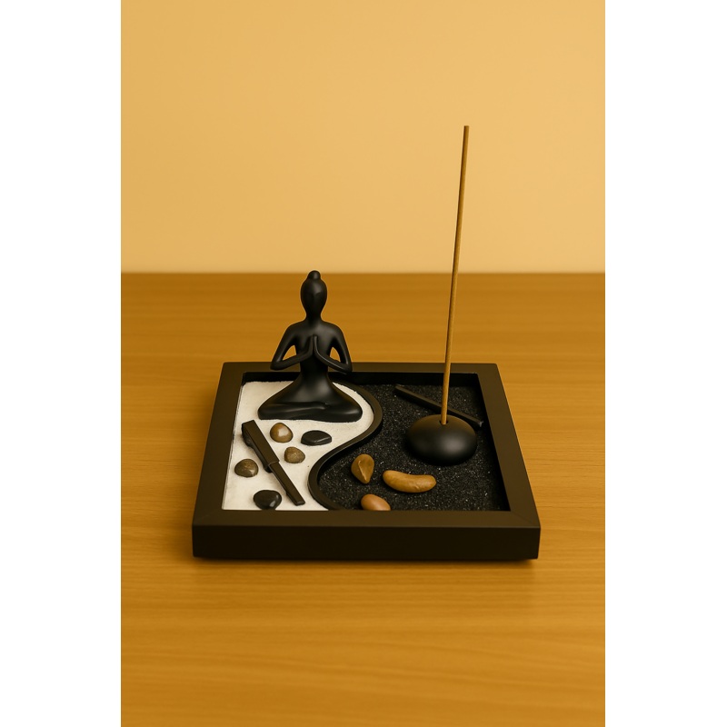 Yin Yang Zen Garden Set with Meditating Monk & Incense Holder