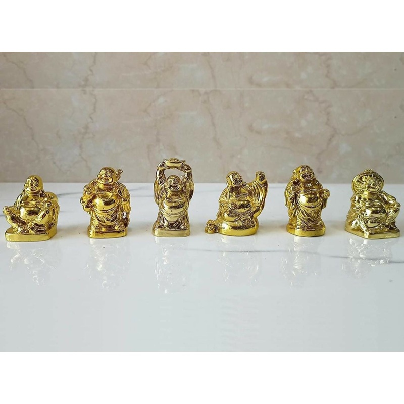 Golden Laughing Buddha Set  Pack of 6 Golden 6 pcs Laughing Buddha Feng Shui Vastu for Good Luck Positivity (Feng Shui Buddha Set), Ceramic