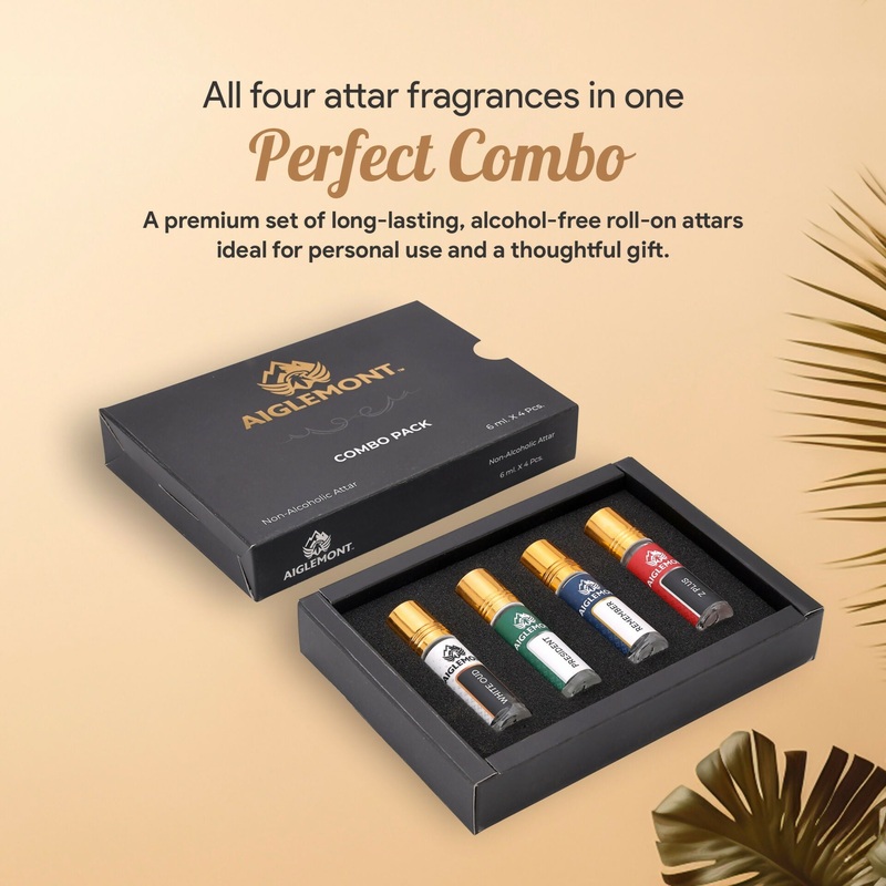 Aiglemont Non-Alcoholic Roll on Attar Combo Set (White Oud, President, Remember, Z Plus) (4Pcs x 6ml)