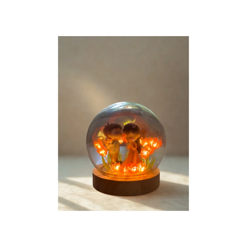 Romantic Couple Crystal Ball with LED Light & Floral Base