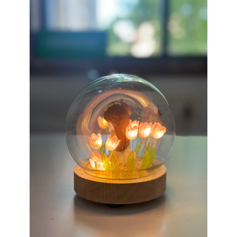 Romantic Couple Crystal Ball with LED Light & Floral Base PINK