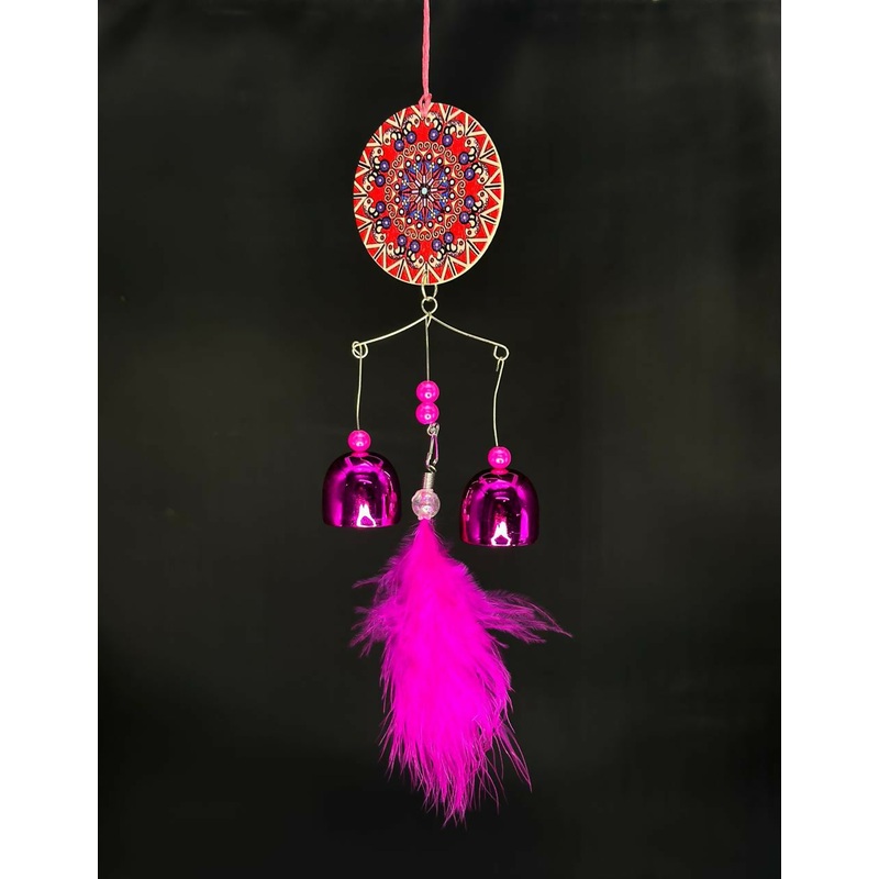 Boho Pink Feather Bell Hanging  Mandala Design Wall & Door Decor