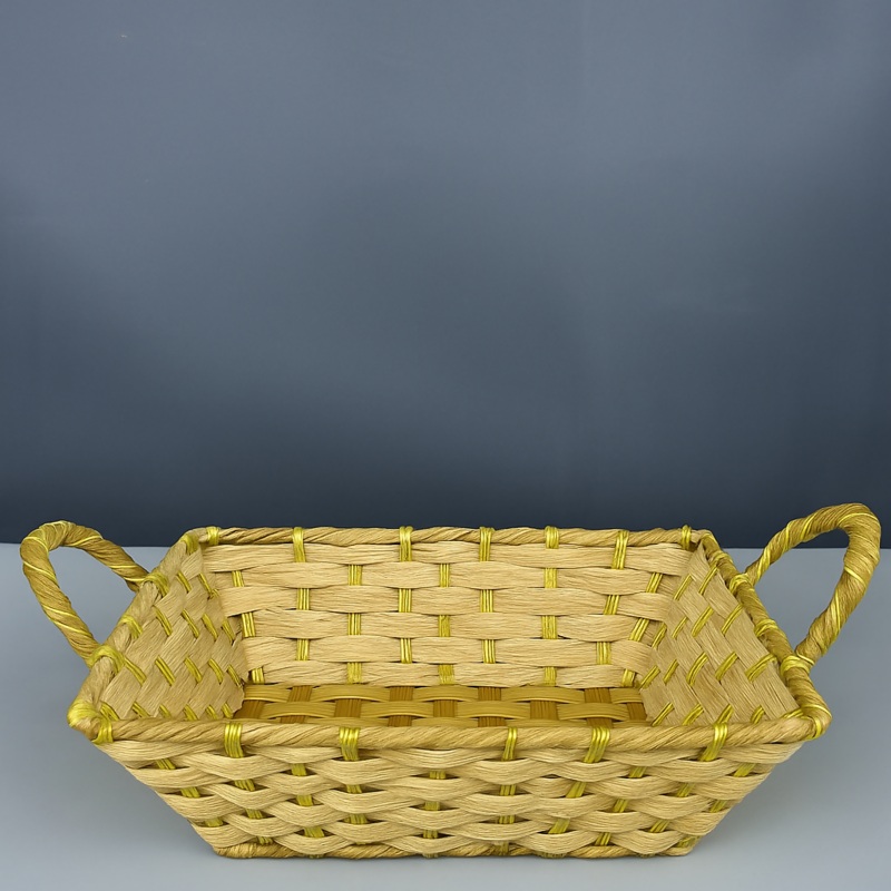 Handwoven Golden Straw Basket Tray with Handles  Multipurpose Storage & Serving Organizer
