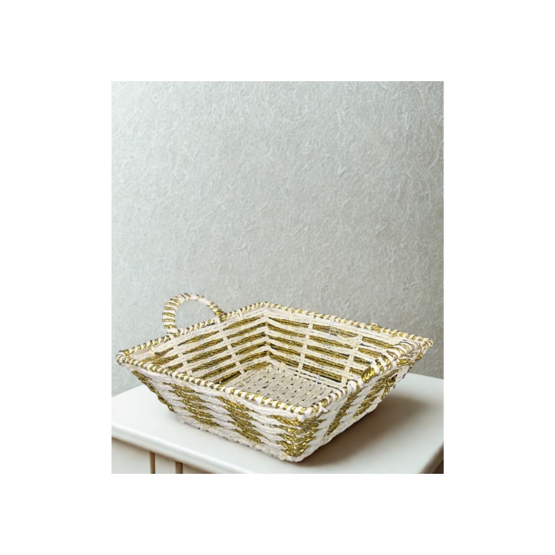 Handwoven Multipurpose Basket Tray  White & Gold Storage Organizer with Handle