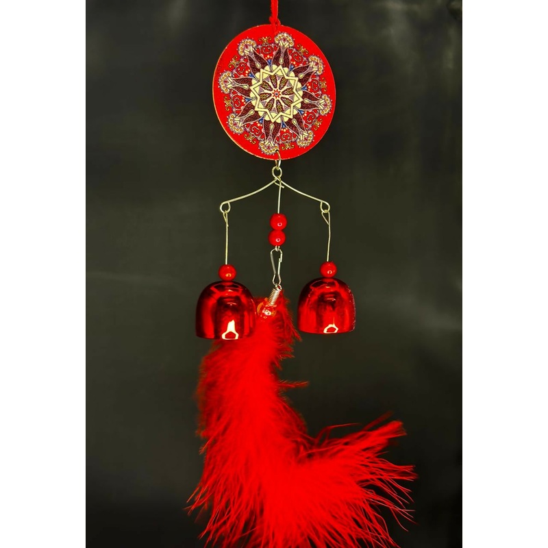 Mandala Charm Red Feather Wind Chime  Decorative Hanging with Bells for Home & Balcony