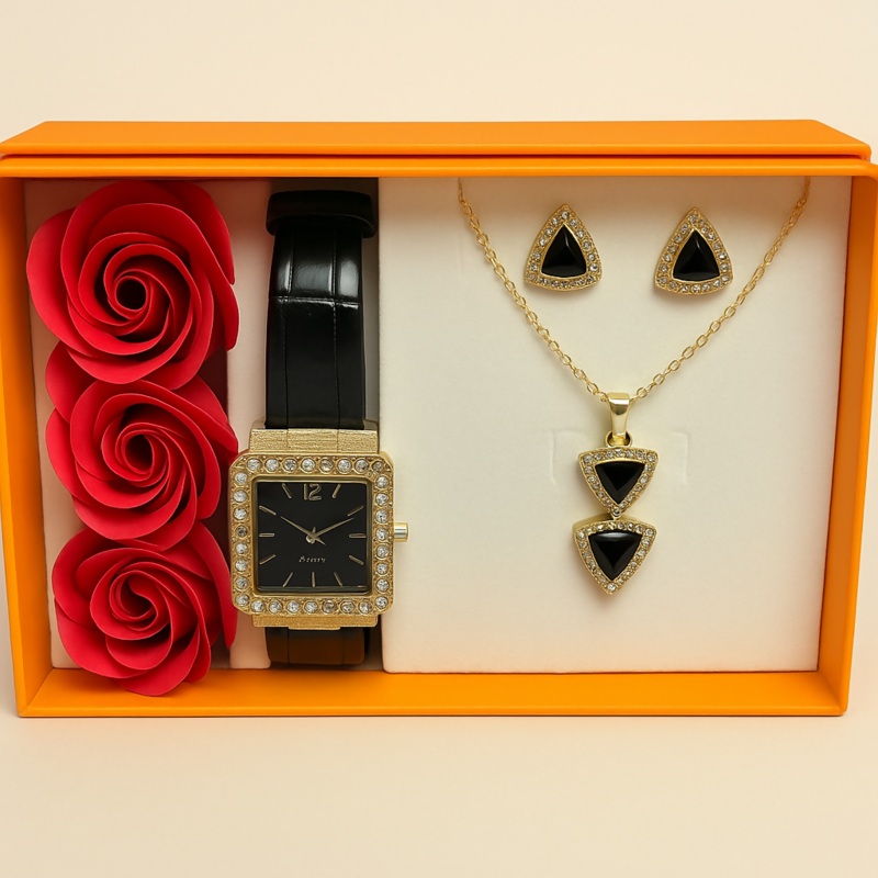 Elegant Black & Gold Women’s Gift Set with Watch and Jewelry