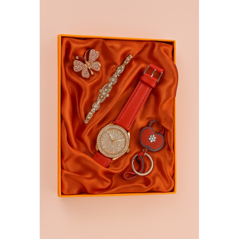Glamorous Red & Gold Women’s Gift Set with Watch and Accessories