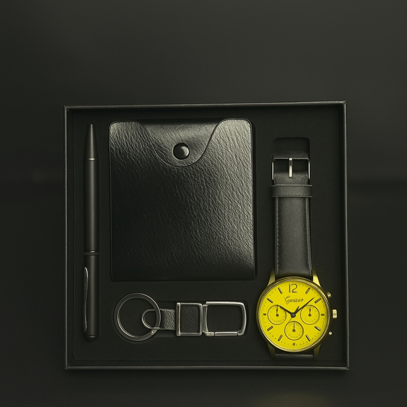Premium Men’s Gift Set with Yellow Dial Watch and Accessories