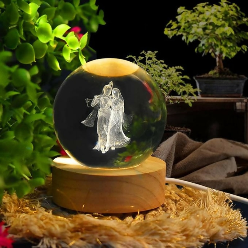Radha Krishna 3D Crystal Ball Night Lamp  Spiritual LED Table Light with Wooden Base
