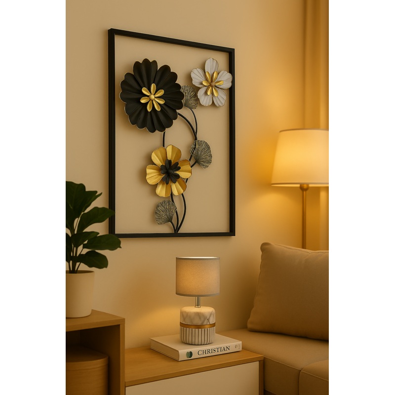 HOME DECOR Black, Gold & White 3D Metal Floral Wall Art  Decorative Framed Wall Hanging