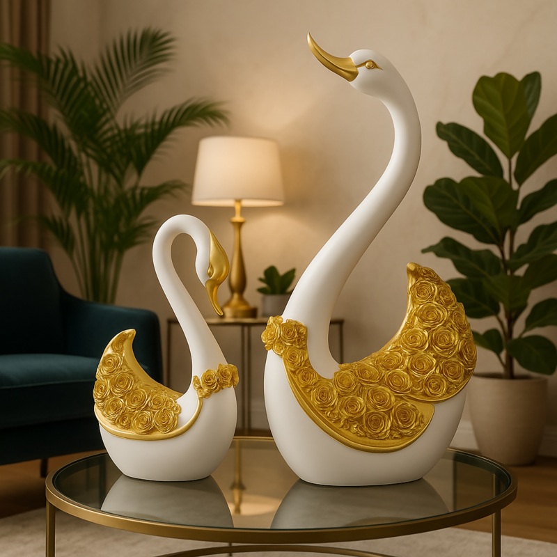 HOME DECOR Elegant Golden Swan Couple Showpiece  White & Gold Resin Figurine with Rose Detailing