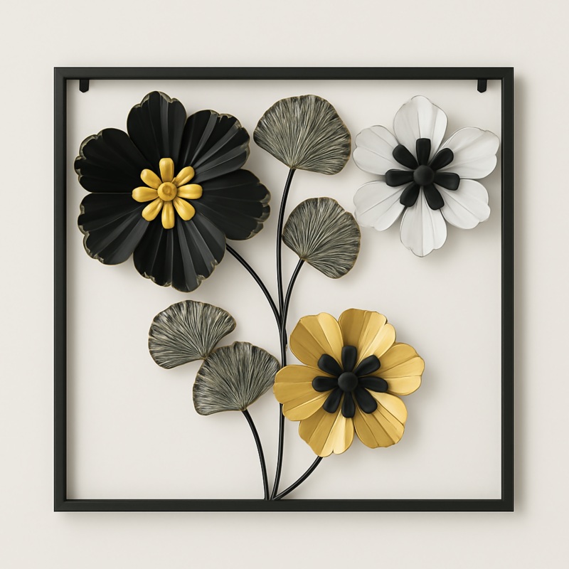 HOME DECOR Elegant Metal Floral Wall Art  Black, Gold & White 3D Flower Frame Dcor