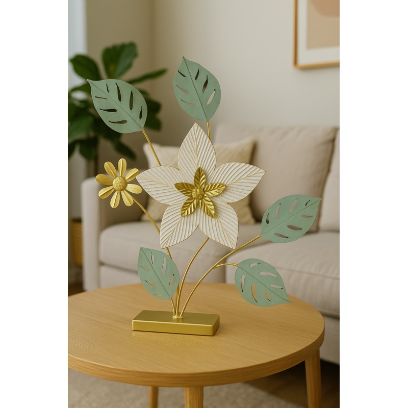 HOME DECOR Elegant Metal Flower Table Decor  Gold & Green Leafy Floral Sculpture for Home