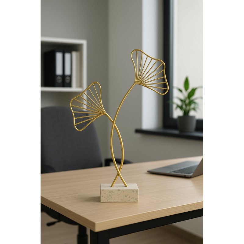 HOME DECOR Minimalist Golden Wire Leaf Table Decor  Modern Metal Sculpture with Stone Base