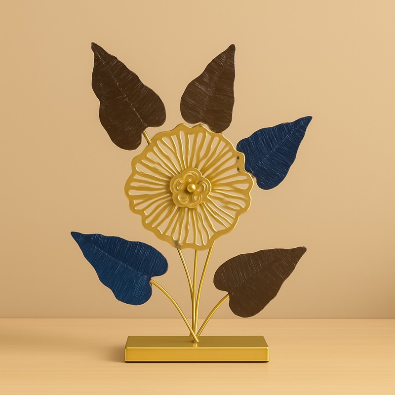HOME DECOR Modern Metal Flower Table Decor  Golden Floral Showpiece with Blue & Brown Leaves