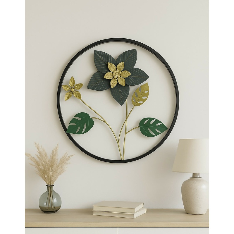 HOME DECOR Round Metal Floral Wall Art  Black Frame Wall Hanging with Green & Gold Flowers and Leaves