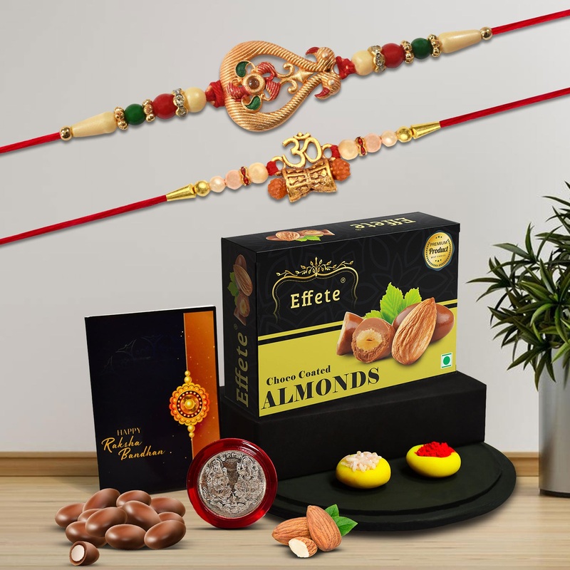 Rakhi Combo Box with Choco Almond Treats, Rakhis & Coin