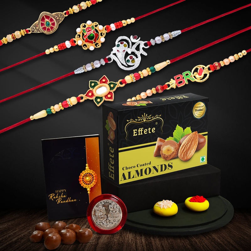 Rakhi Combo Set with Choco Almonds, Rakhis & Card