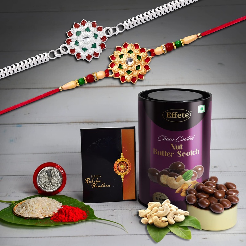 Rakhi Gift Pack with Butterscotch Nuts, Rakhis, Card & Coin