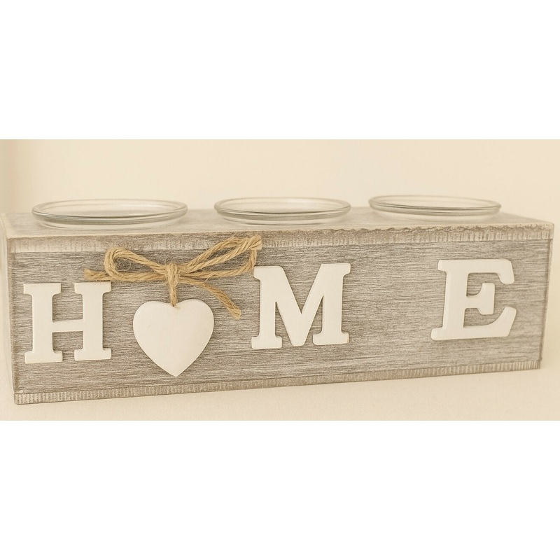 Rustic Wooden HOME Tealight Holder with 3 Glass Cups