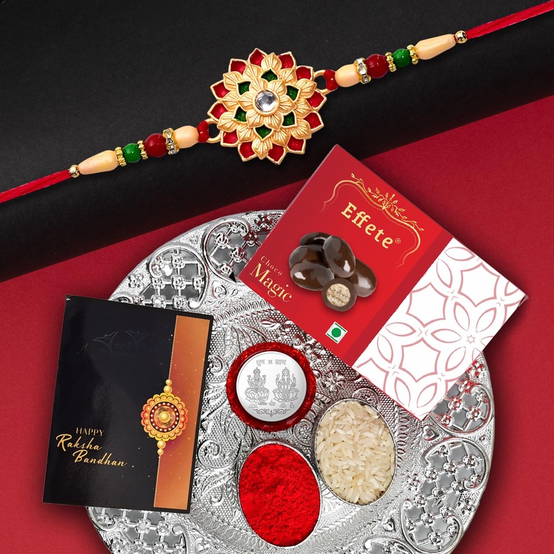 Traditional Rakhi Combo with Chocolates, Coin & Puja Thali Kit
